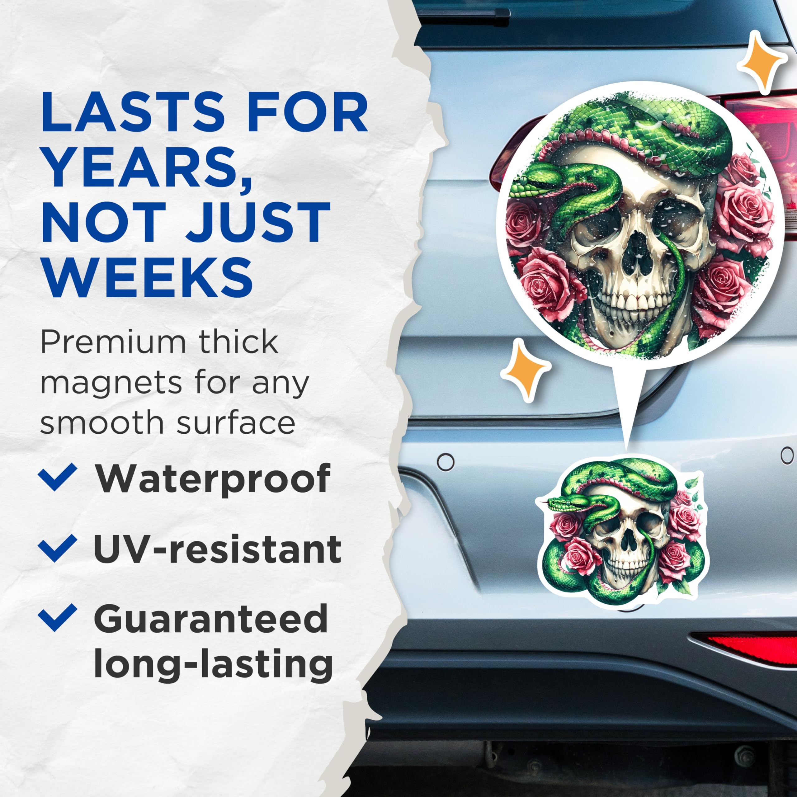(2 Pack) Skull Snake Roses Magnets - Dark Gothic Floral Decor - Macabre Refrigerator Artwork - 5 Inches On Longest Side - Thick Durable Magnet - Made in USA - MAG23094
