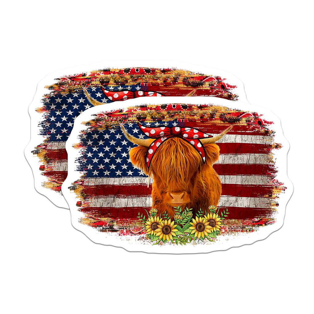 (2 Pack) Highland Cow Magnets - American Flag Rustic Design - Sunflower Farm Animal Accent - 5 Inches On Longest Side - Thick Durable Magnet - Made in USA - MAG26659