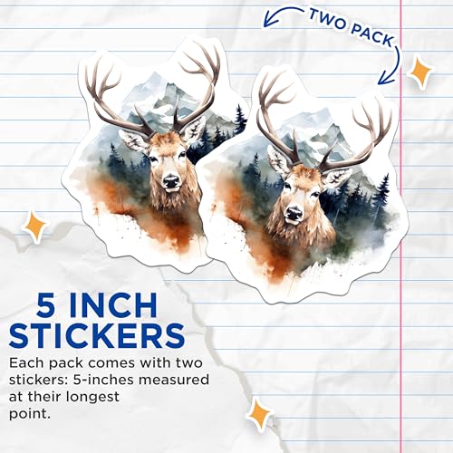 (2 Pack) Deer Mountain Scene Stickers - Nature and Wildlife Stickers - Forest and Adventure Stickers - 5" On Longest Side - Sticks to Smooth Flat Surfaces - Made in USA - BMCS3801