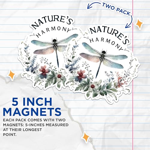 (2 Pack) Nature's Harmony Magnets - Dragonfly Flower Magnets - Nature Inspired Refrigerator Magnets- 5" On Longest Side - for Fridges, Toolboxes, Cars - Made in USA - MAG2680