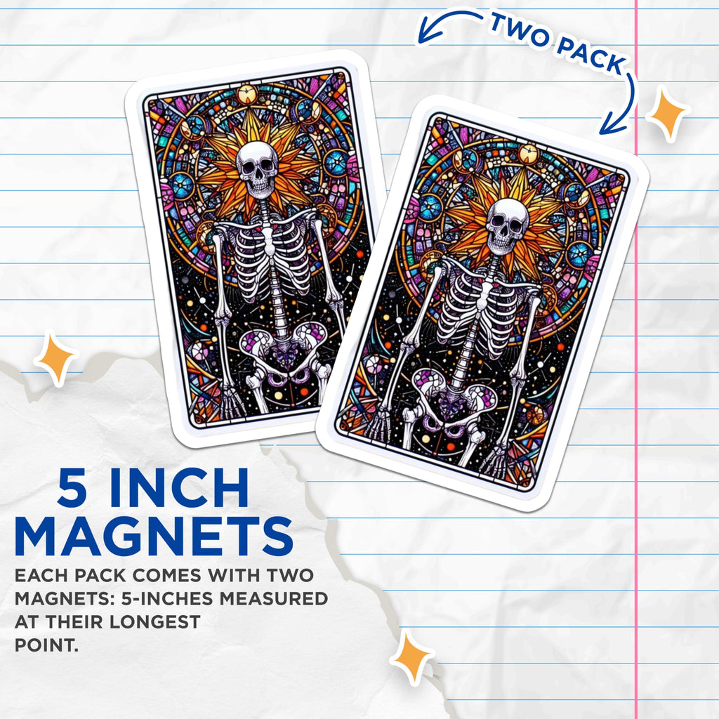 (2 Pack) Vibrant Stained Glass Skeleton Magnets - Psychedelic Skull Art Decoration - Cosmic Mandala Tarot Card Aesthetic - 5 Inches On Longest Side - Thick Durable Magnet - Made in USA - MAG21440