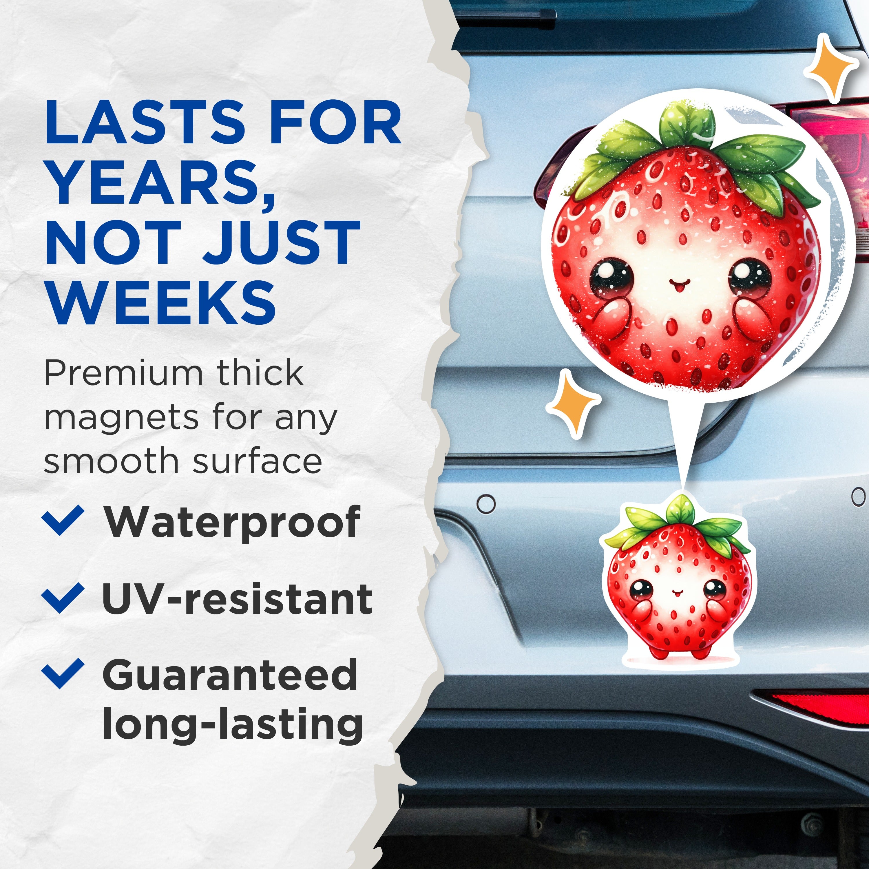 (2 Pack) Kawaii Strawberry Magnets - Cute Fruit Refrigerator - Whimsical Kitchen Decor - Cheerful Locker Accents - 5 Inches On Longest Side - Thick Durable Magnet - Made in USA - MAG37509