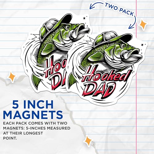 (2 Pack) Hooked Dad Fishing Magnets - Funny Fishing Dad Magnets - Father's Day Fishing Gift Magnets - 5" On Longest Side - for Cars, Refrigerators, Toolboxes, Lockers - Made in USA BMCS3490