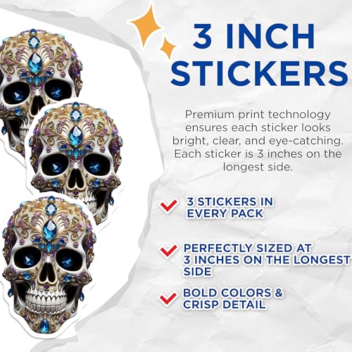 (3 Pack) Jeweled Skull Decals - Sugar Skull - Gothic Laptop Decals - 3 Inches On Longest Side - Easy Peel & Apply - Made in USA - 3MCS7369