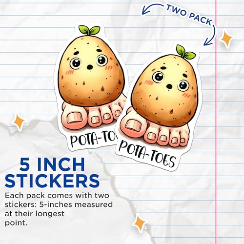(2 Pack) Cute Potato Puns Stickers - Adorable Veggie - Funny Cartoon for Kids - 5" On Longest Side - Sticks to Smooth Flat Surfaces - Made in USA - BMCS7590