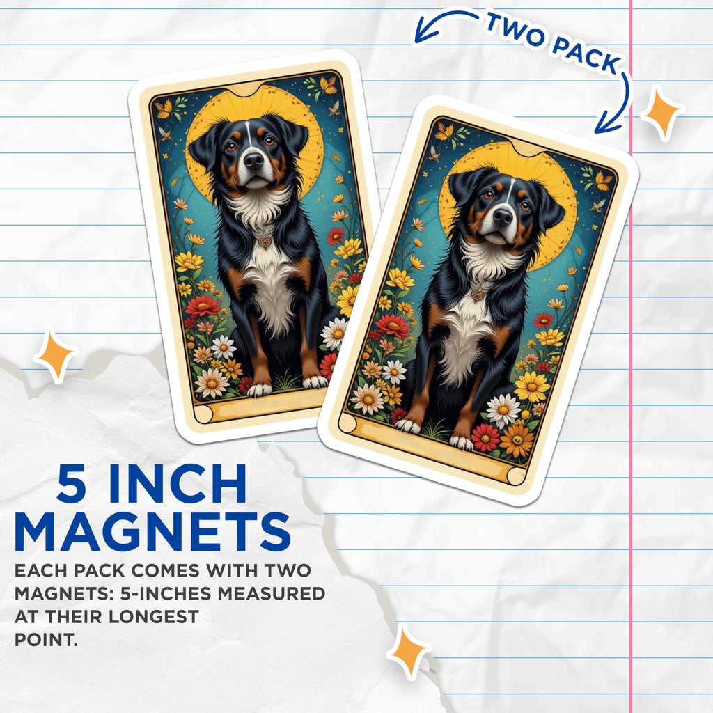 (2 Pack) Bernese Mountain Dog Magnets - Tarot Card Style Art - Floral Dog Lover Decor - Pet Owner Fridge Accent - 5 Inches On Longest Side - Thick Durable Magnet - Made in USA - MAG22066