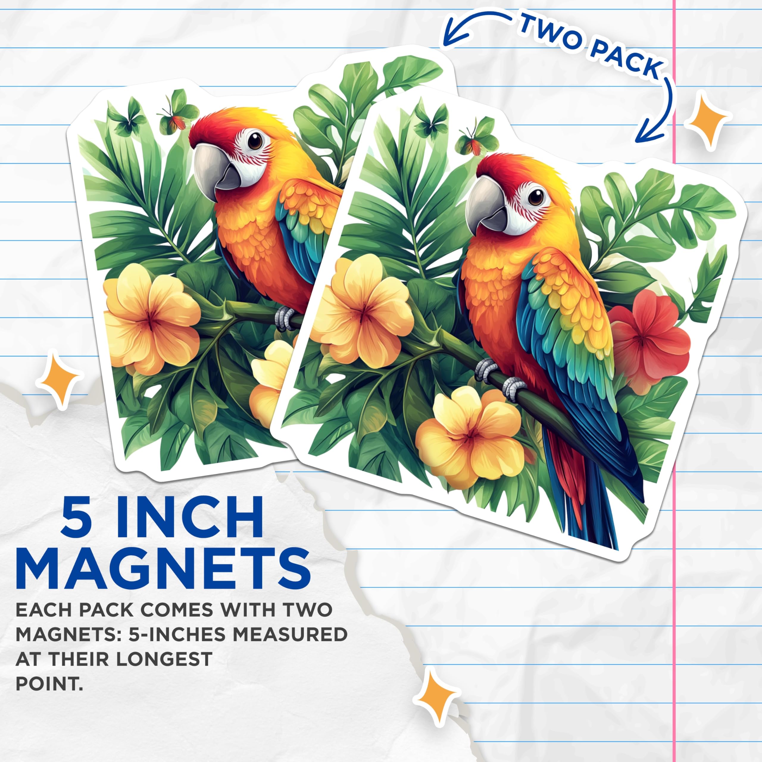 (2 Pack) Exotic Parrot Magnets - Vibrant Tropical Decor - Jungle Bird Art Collectibles - 5 Inches On Longest Side - Thick Durable Magnet - Made in USA - MAG28989