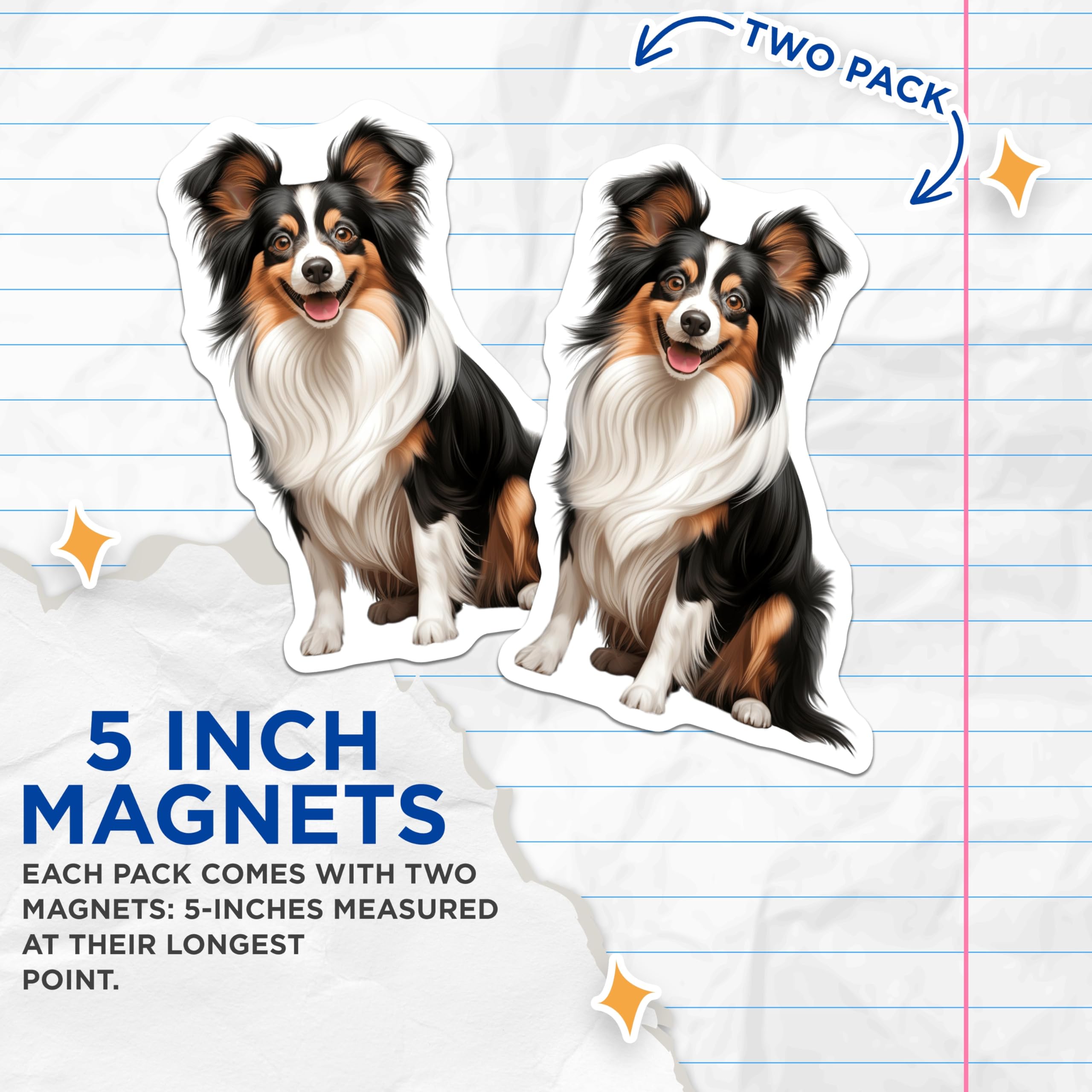 (2 Pack) Papillon Dog Magnets - Adorable Fluffy Canine Art - Pet Lover Fridge Decor - Animal Companion Accessory - 5 Inches On Longest Side - Thick Durable Magnet - Made in USA - MAG23344