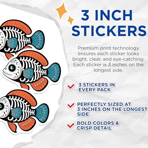 (3 Pack) Sugar Skull Fish Decals - Day of The Dead - Calavera Art - 3 Inches On Longest Side - Easy Peel & Apply - Made in USA - 3MCS8226