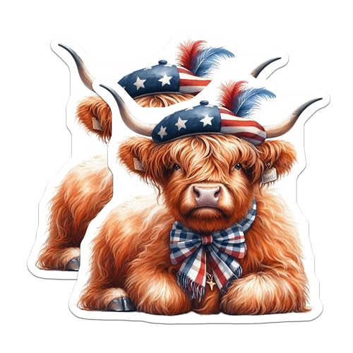 (2 Pack) Highland Cow Stickers - Cute Animal Art - Scottish Highland Cow Decal - 5" On Longest Side - Sticks to Smooth Flat Surfaces - Made in USA - BMCS6361