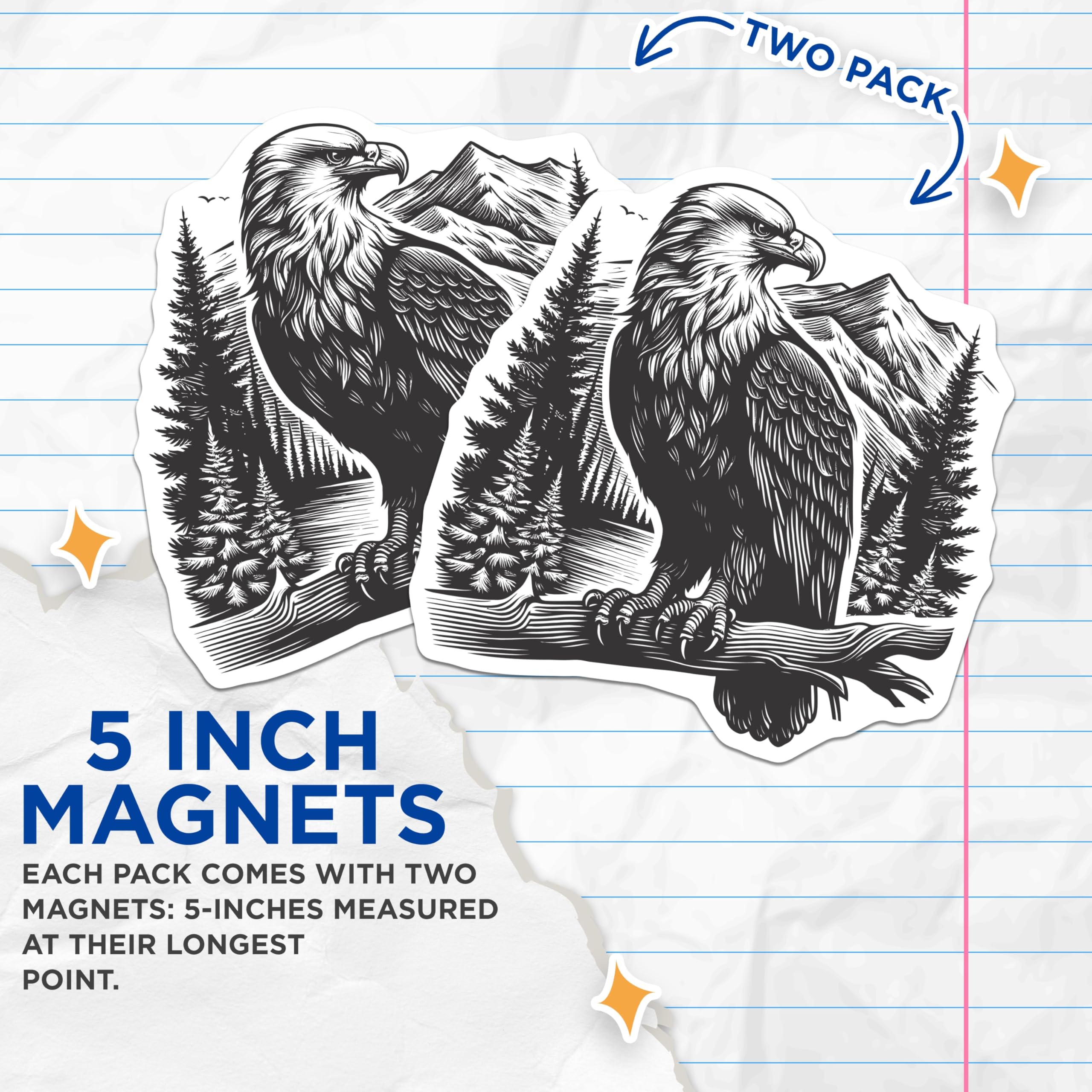 (2 Pack) Majestic Bald Eagle Magnets - Serene Wilderness Scene Refrigerator Display - Mountain Forest Lake Nature Art - 5 Inches On Longest Side - Thick Durable Magnet - Made in USA - MAG21136