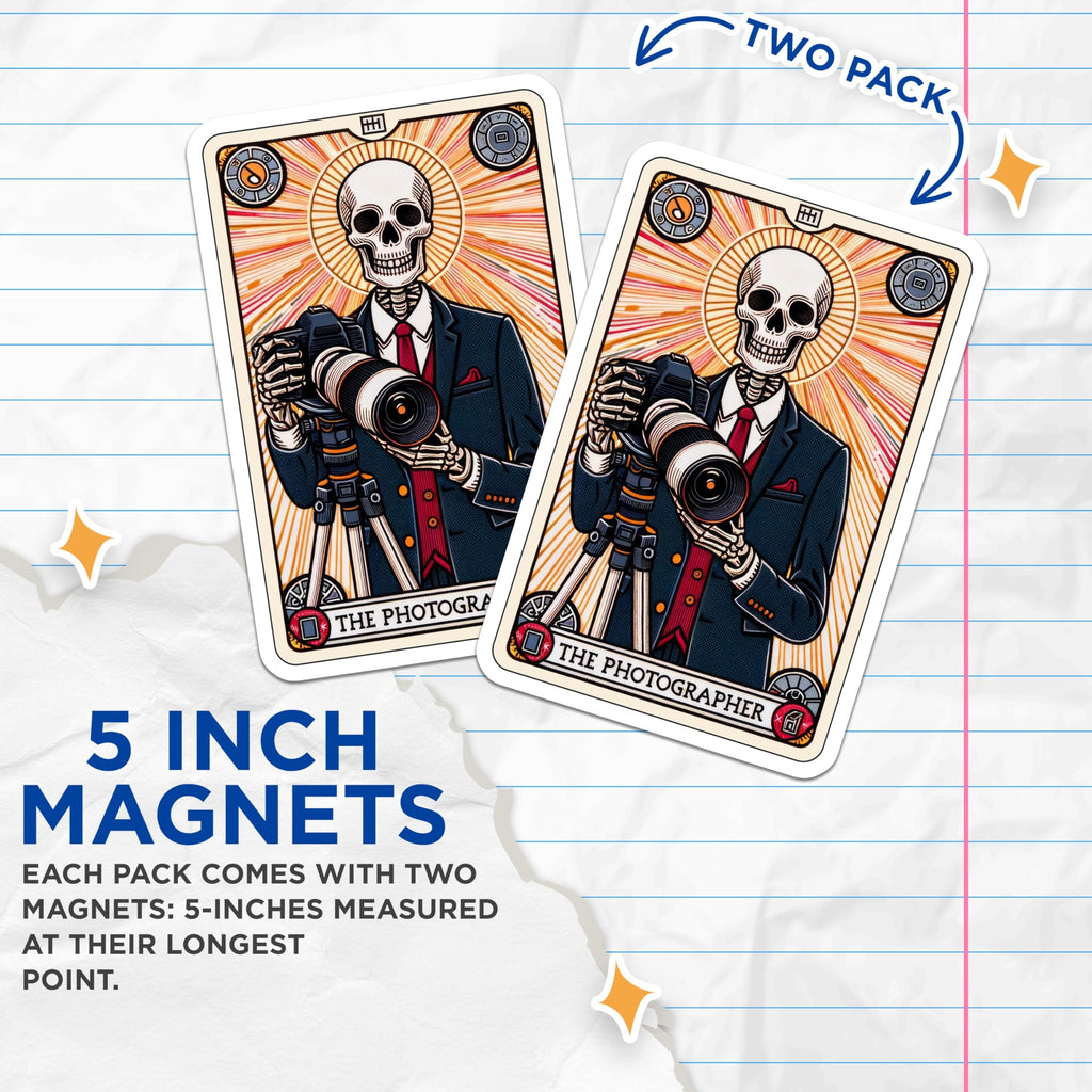 (2 Pack) Skeleton Photographer Magnets - Creative Photography Art - Macabre Camera Decor - Unique Fridge Magnets - 5 Inches On Longest Side - Thick Durable Magnet - Made in USA - MAG22995