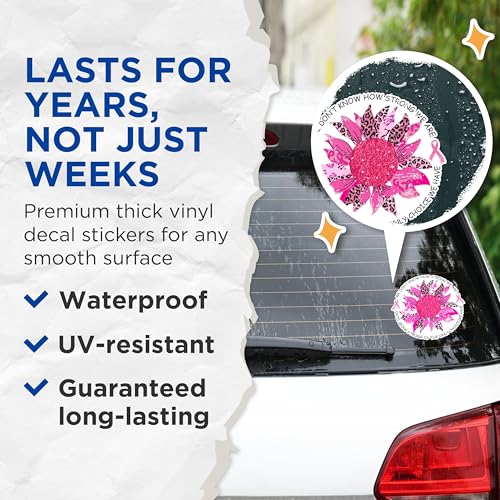 (2 Pack) Inspirational Pink Flower Stickers - Motivational Quote Stickers - Breast Cancer Awareness Stickers - 5" On Longest Side - Sticks to Any Smooth Flat Surface - Made in USA - BMCS2589