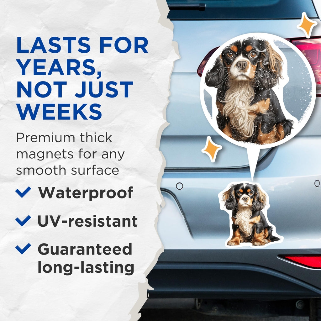 (2 Pack) Cavalier King Charles Spaniel Magnets - Tricolor Dog Lover - Puppy Pet Parent Decor - 5 Inches On Longest Side - Thick Durable Magnet - Made in USA - MAG30118