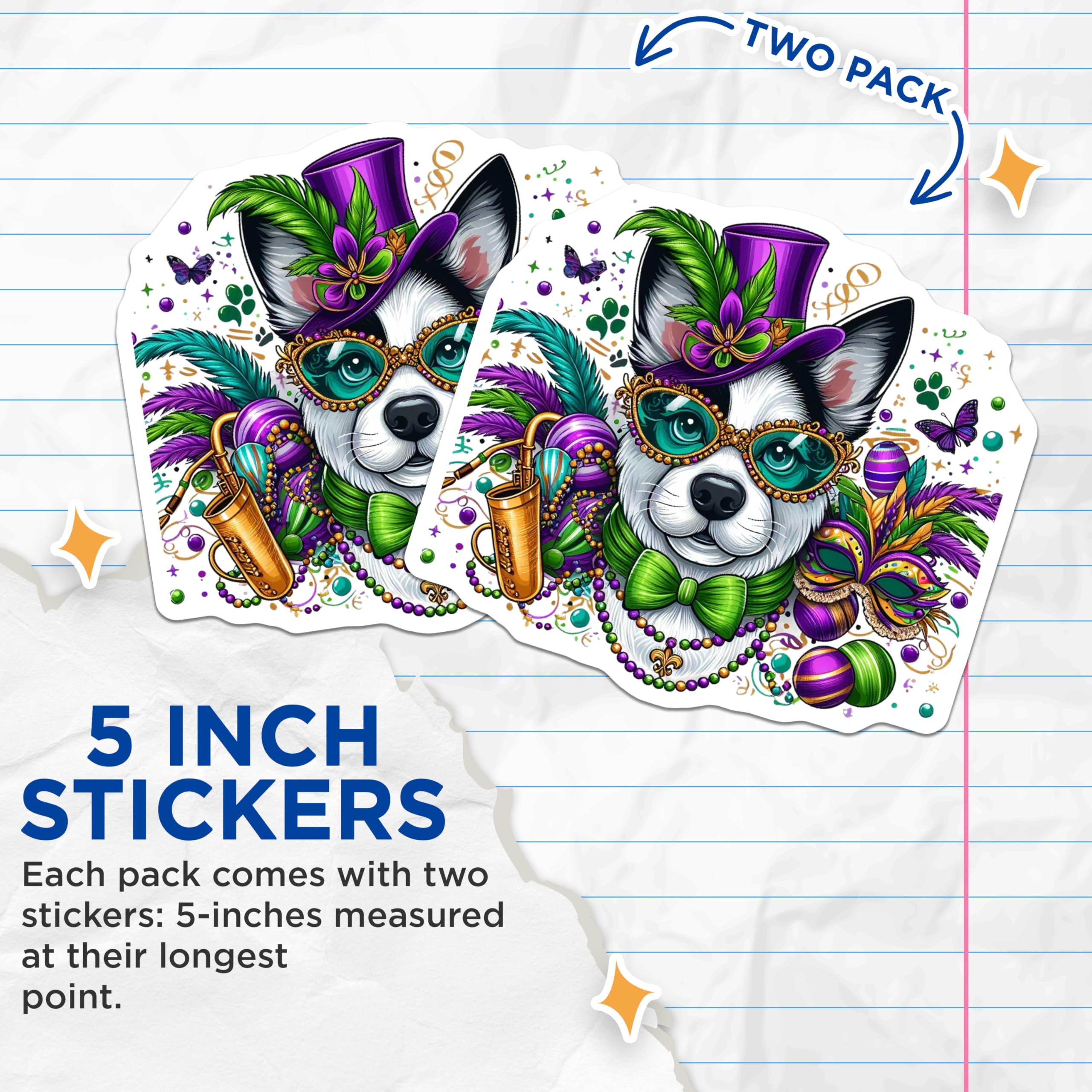 (2 Pack) Mardi Gras Dog Stickers - Carnival Puppy Celebration - Festive Party Decal - 5" On Longest Side - Sticks to Smooth Flat Surfaces - Made in USA - BMCS15457