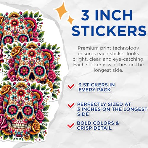 (3 Pack) Sugar Skull Decals - Floral Skull Stickers - Day of The Dead Decal - 3 Inches On Longest Side - Easy Peel & Apply - Made in USA - 3MCS0931