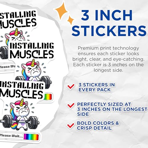 (3 Pack) Unicorn Gym Decals - Installing Muscles - Workout Decals - 3 Inches On Longest Side - Easy Peel & Apply - Made in USA - 3MCS2378