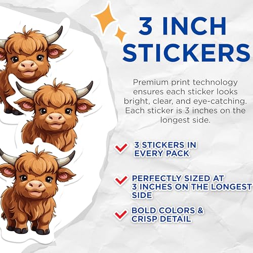 (3 Pack) Highland Cow Decals - Cute Animal - Laptop Decals - 3 Inches On Longest Side - Easy Peel & Apply - Made in USA - 3MCS1053