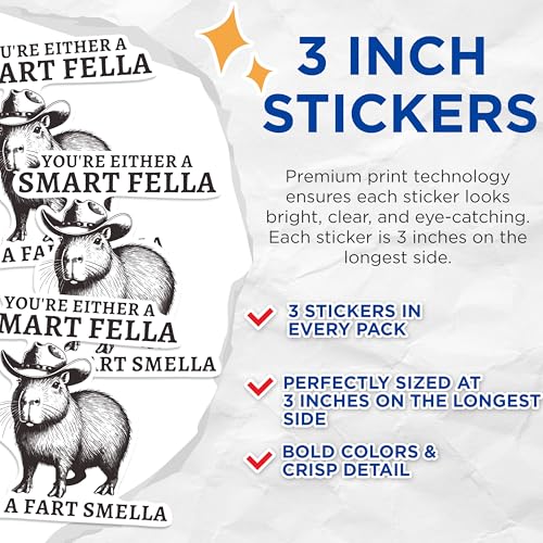 (3 Pack) Capybara Decals - Funny Capybara - Cowboy Capybara Sticker - 3 Inches On Longest Side - Easy Peel & Apply - Made in USA - 3MCS0879