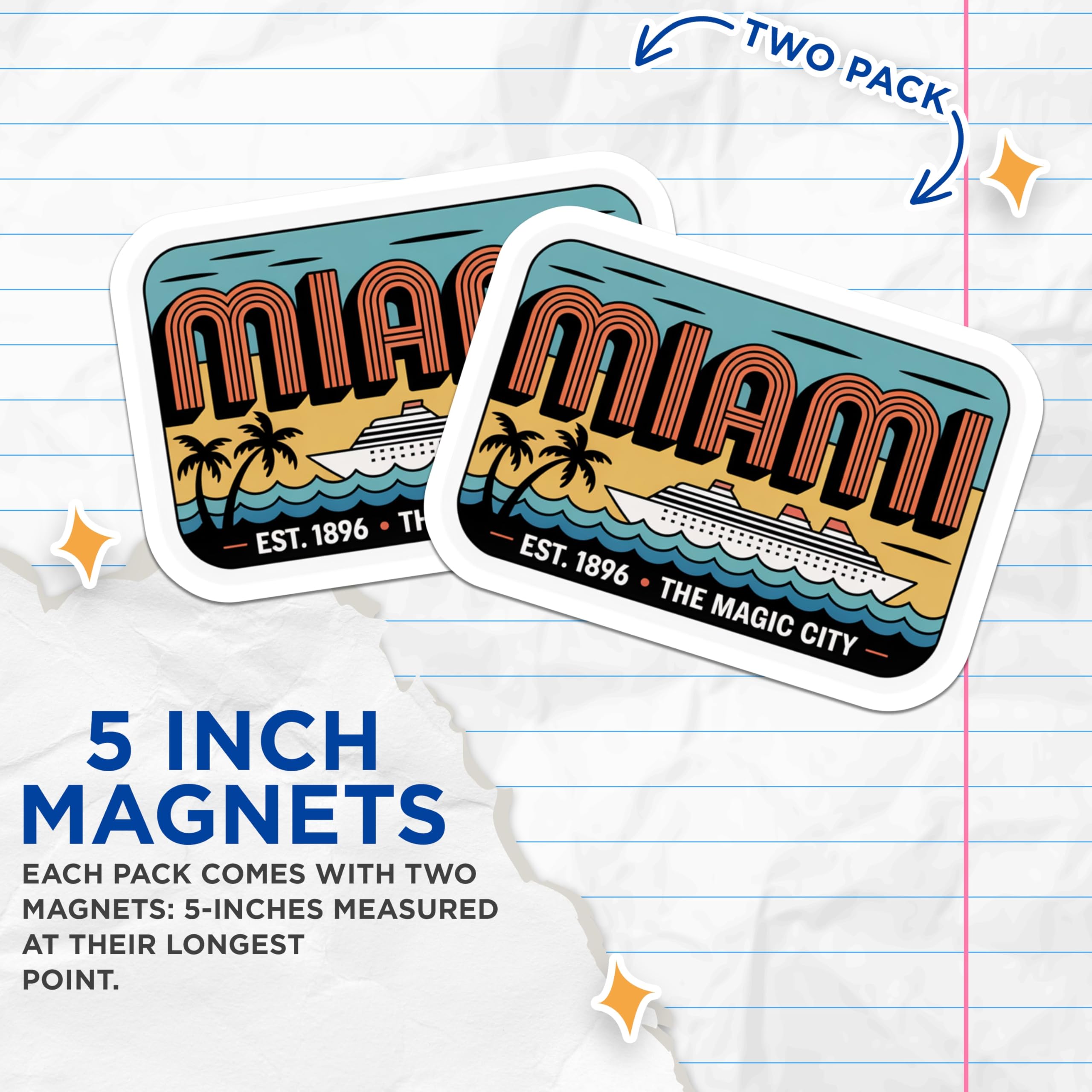(2 Pack) Miami Magnets - Florida Travel Souvenirs - The Magic City Cruise Ship Retro Art Beach Vacation Decor - 5 Inches On Longest Side - Thick Durable Magnet - Made in USA - MAG19298