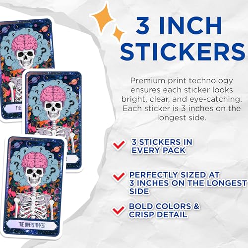 (3 Pack) Overthinker Decals - Tarot Card - Skeleton Brain - Laptop Decals - 3 Inches On Longest Side - Easy Peel & Apply - Made in USA - 3MCS0016