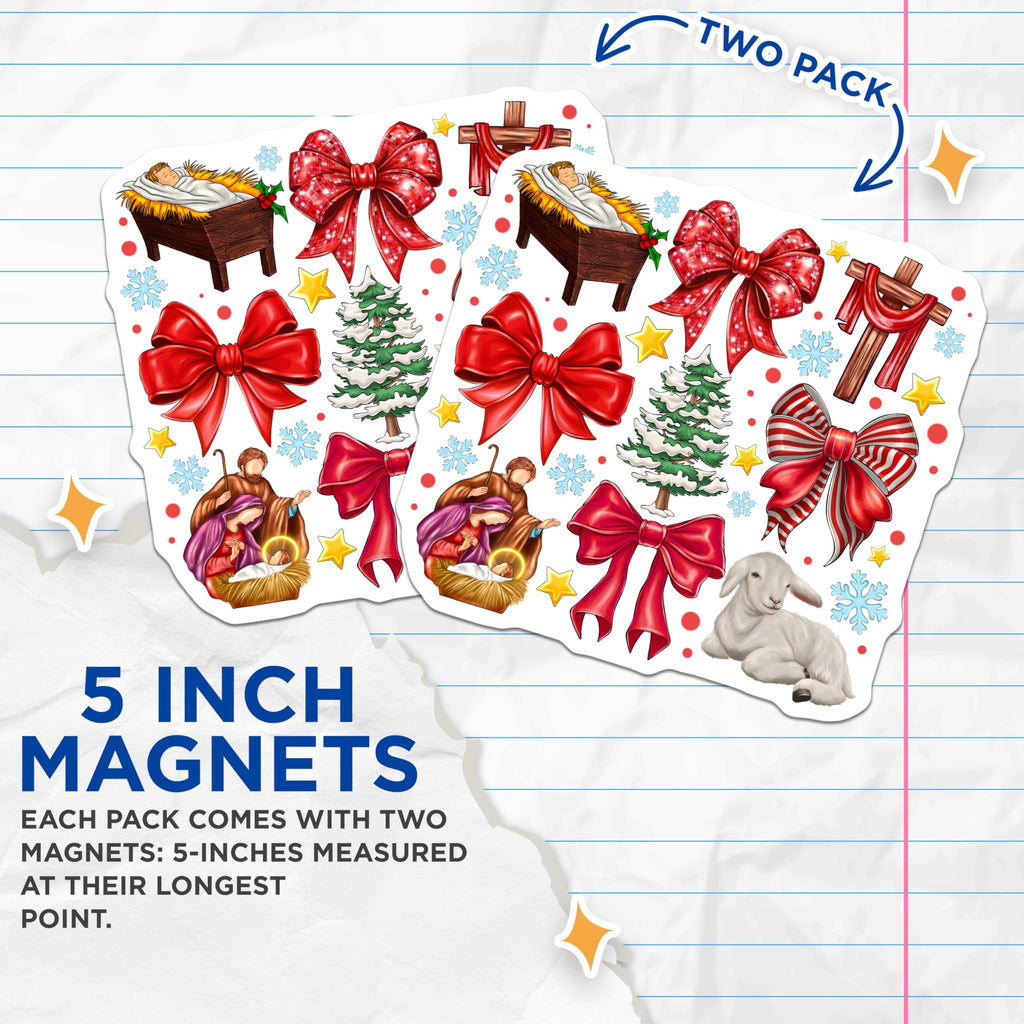 (2 Pack) Christian Christmas Magnets - Nativity Scene Decor - Festive Holy Family Accents - 5 Inches On Longest Side - Thick Durable Magnet - Made in USA - MAG24357