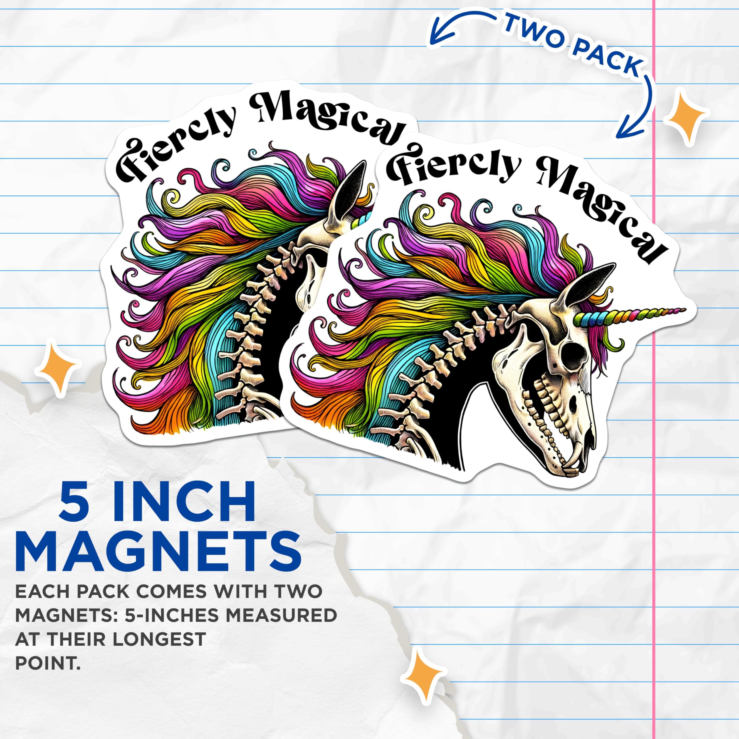 (2 Pack) Unicorn Skeleton Magnets - Fierce and Magical - Rainbow Hair - Gothic Unicorn Art - 5" On Longest Side - for Cars, Fridges, Toolboxes - Made in USA - MAG8055