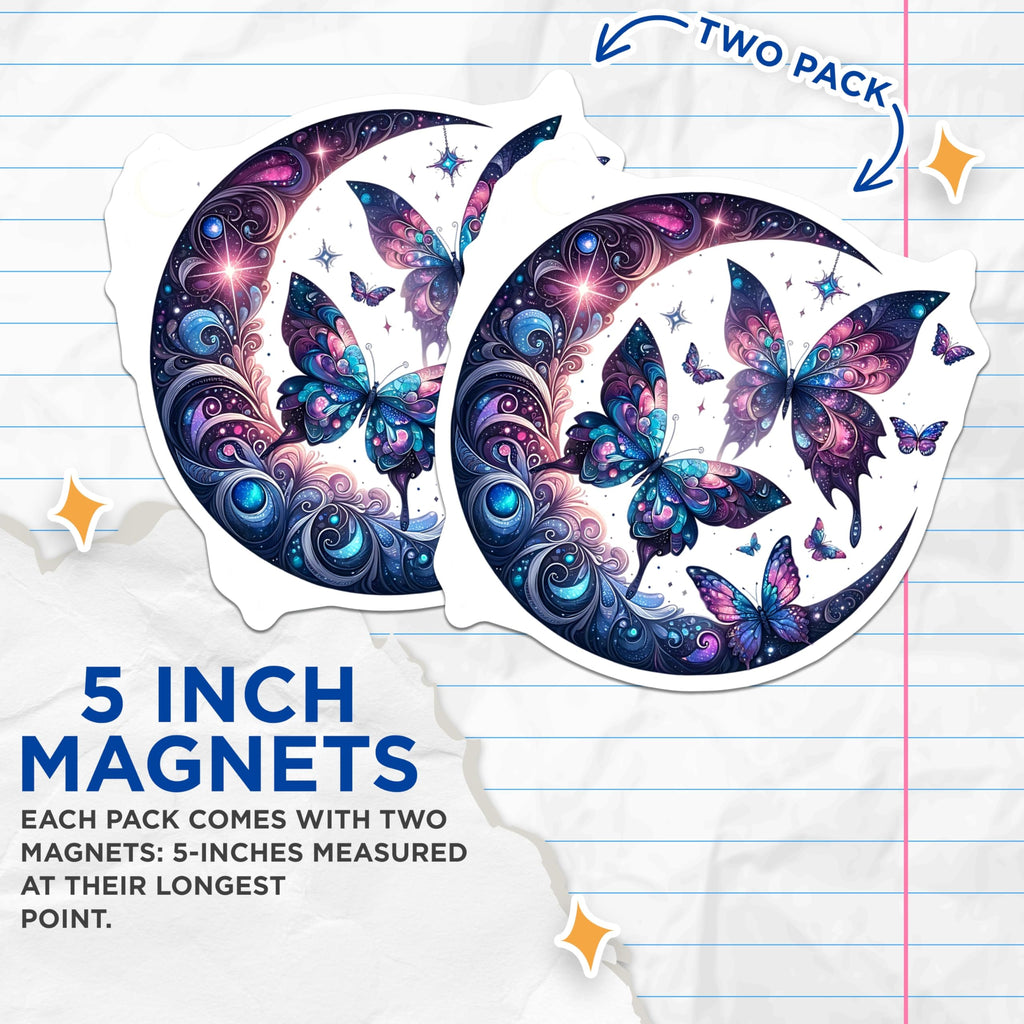 (2 Pack) Butterfly Moon Magnets - Celestial Art - Whimsical Home Decor - 5" On Longest Side - Premium Magnet - for Cars, Refrigerators, Toolboxes, Lockers - Made in USA - MAG14186