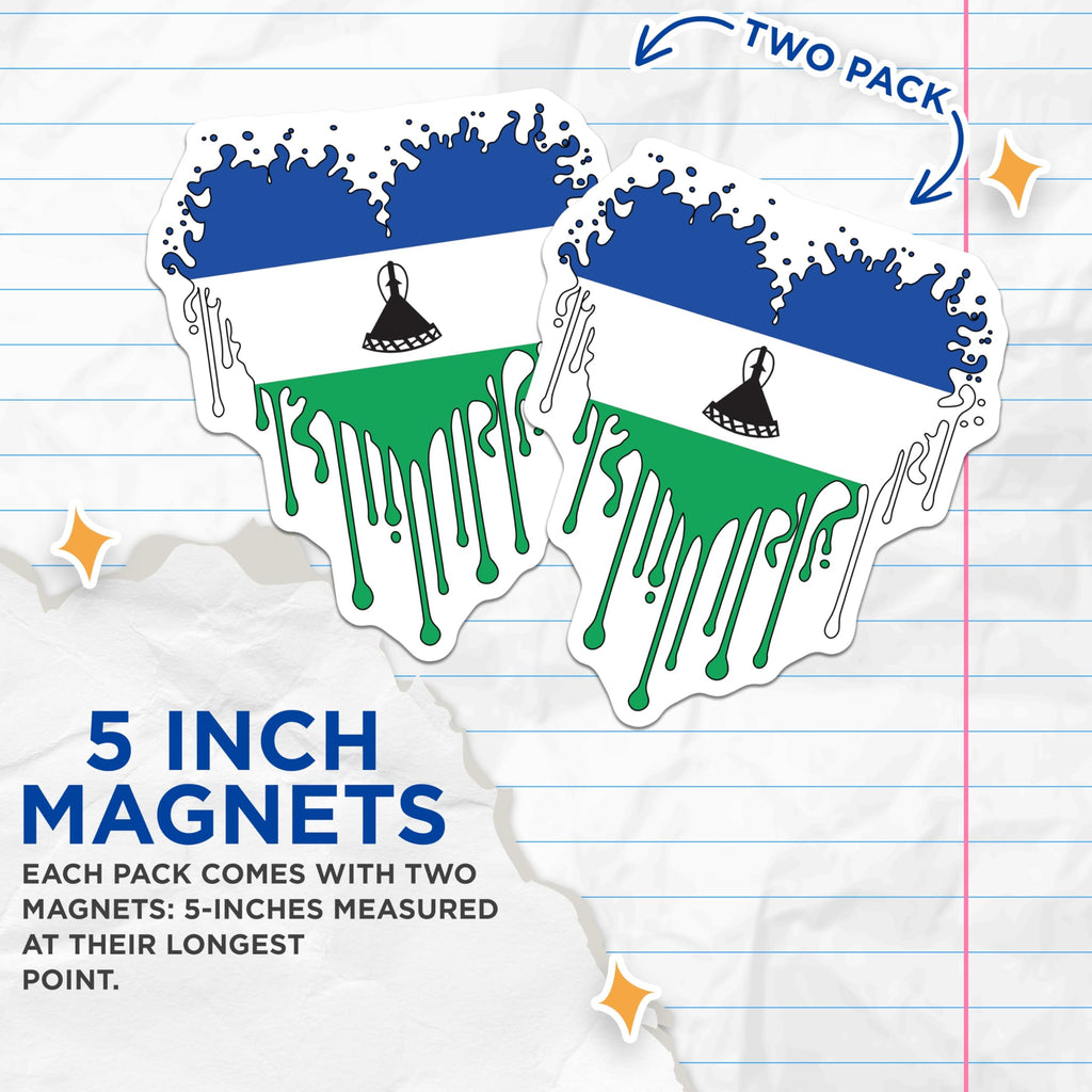 (2 Pack) Lesotho Flag Magnets - Dripping Lesotho Flag - Lesotho Souvenir Magnets - 5" On Longest Side - Premium Magnet - for Cars, Refrigerators, Toolboxes, Lockers - Made in USA - MAG17950