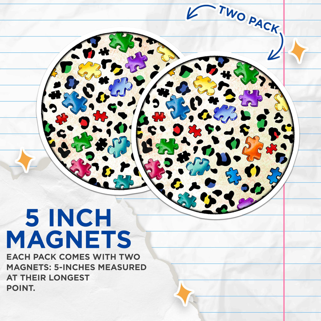 (2 Pack) Autism Acceptance Magnets - Vibrant Puzzle Decor - Leopard Print Refrigerator Art - 5 Inches On Longest Side - Thick Durable Magnet - Made in USA - MAG29420