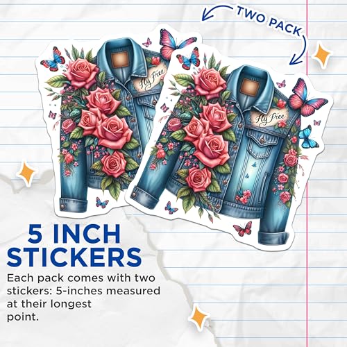 (2 Pack) Fly Free Jean Jacket Stickers - Denim Jacket Decals - 5" On Longest Side - Sticks to Smooth Flat Surfaces - Made in USA - BMCS8878 - BMCS8878