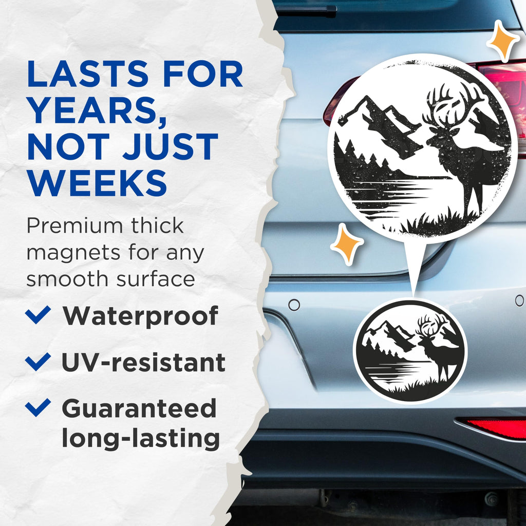 (2 Pack) Majestic Elk Magnets - Mountain Lake Wilderness Scene - Forest Wildlife Refrigerator Decals Cabin Lodge Decor - 5 Inches On Longest Side - Thick Durable Magnet - Made in USA - MAG23031
