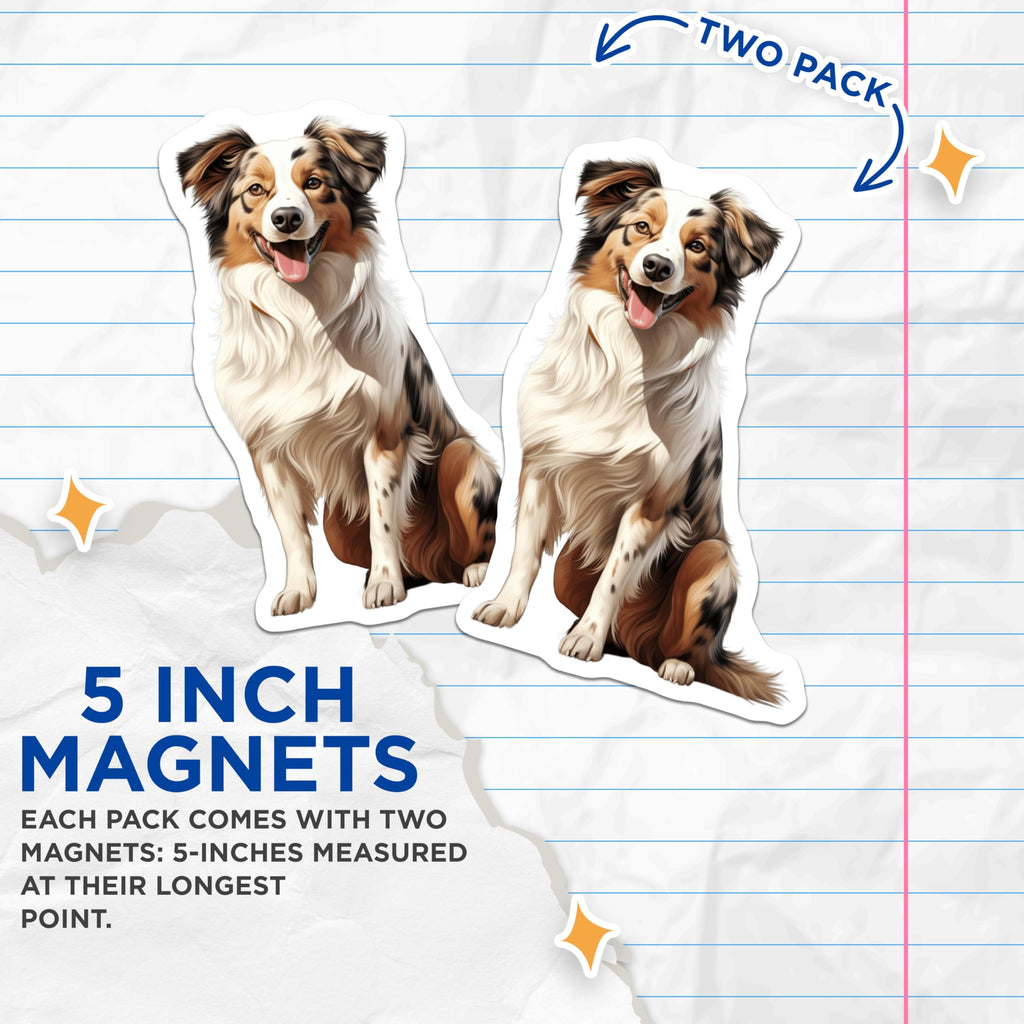 (2 Pack) Australian Shepherd Magnets - Aussie Dog Art - Tri Color Pet Parent Decor - 5 Inches On Longest Side - Thick Durable Magnet - Made in USA - MAG29382