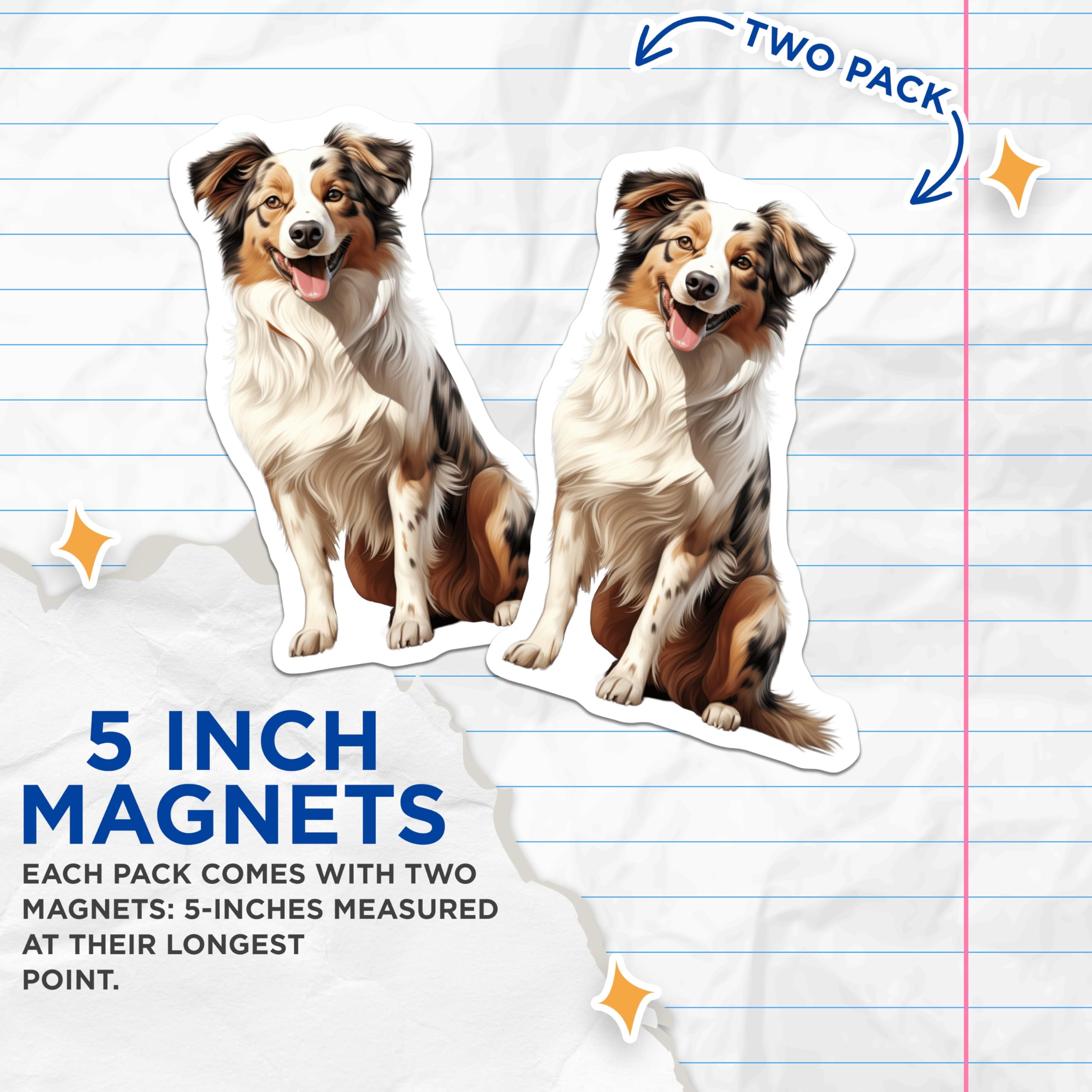 (2 Pack) Australian Shepherd Magnets - Aussie Dog Art - Tri Color Pet Parent Decor - 5 Inches On Longest Side - Thick Durable Magnet - Made in USA - MAG29382