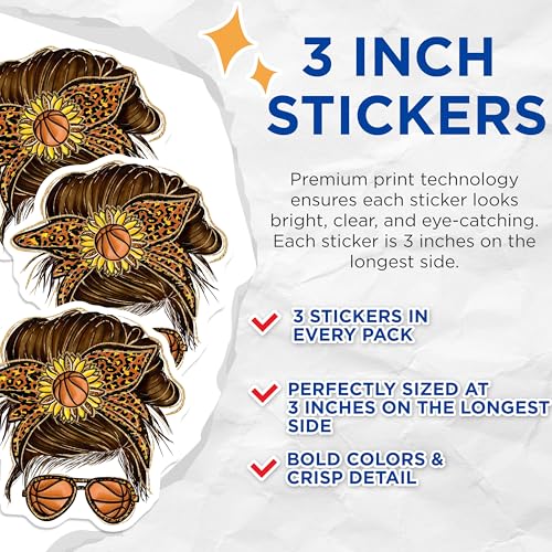 (3 Pack) Basketball Mom Decals - Messy Bun Sunflower - Leopard Print Stickers - 3 Inches On Longest Side - Easy Peel & Apply - Made in USA - 3MCS4961
