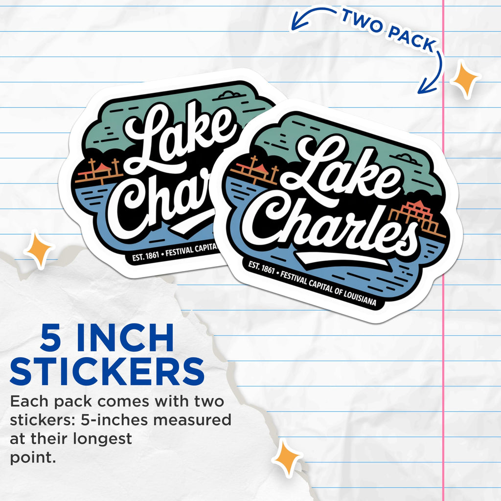 (2 Pack) Lake Charles Stickers - Louisiana Travel Sticker - Festival Capital Decor - 5" On Longest Side - Sticks to Smooth Flat Surfaces - Made in USA - BMCS18499
