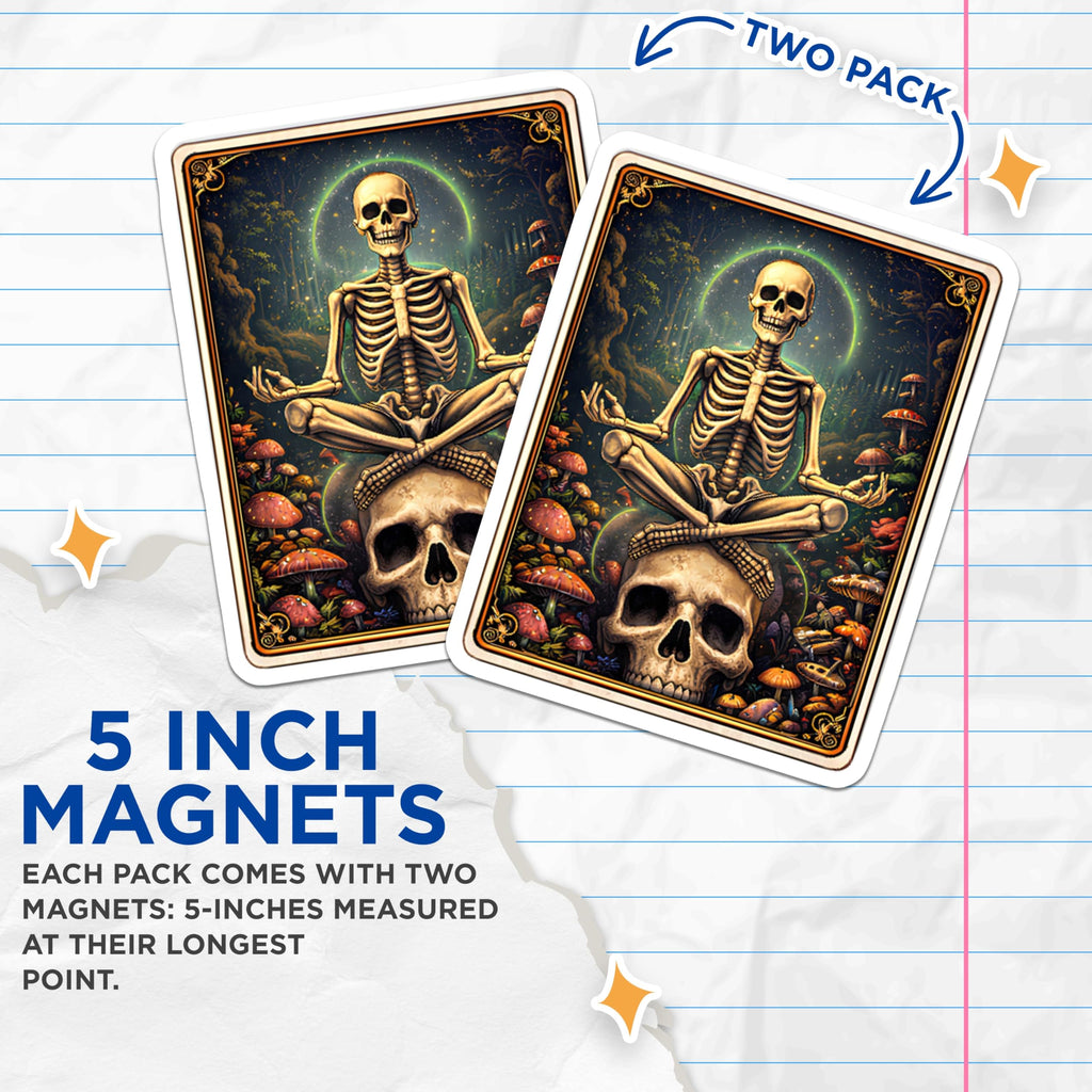 (2 Pack) Skeleton Yoga Magnets - Mushroom Forest Decor - Spooky Skull Fridge Magnets - 5" On Longest Side - Premium Magnet - for Cars, Refrigerators, Toolboxes, Lockers - Made in USA - MAG15235