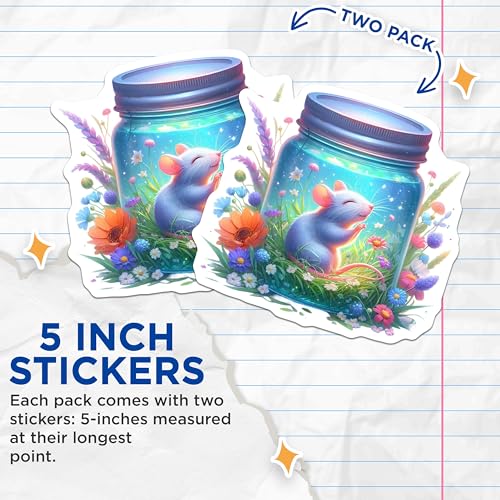 (2 Pack) Cute Mouse in Jar Stickers - Fantasy Animal Art Decal - Whimsical Flower Jar Illustration - 5" On Longest Side - Sticks to Smooth Flat Surfaces - Made in USA - BMCS9367