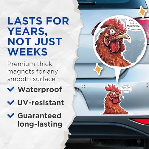 (2 Pack) Funny Chicken Magnets - Quirky Rooster Magnets - Chicken Decor Magnets for Kitchen- 5" On Longest Side - for Fridges, Toolboxes, Cars - Made in USA - MAG2606