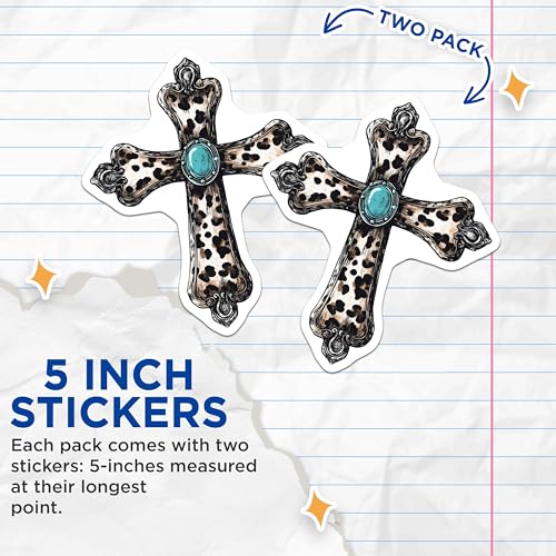 (2 Pack) Leopard Cross Stickers - Religious Sticker - 5" On Longest Side - Sticks to Smooth Flat Surfaces - Made in USA - BMCS8732 - BMCS8732