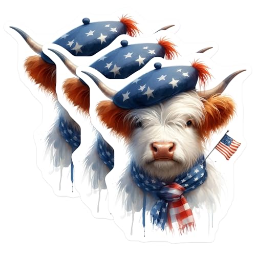 (3 Pack) Patriotic Highland Cow Decals - American Flag - Highland Cattle - Laptop Decal- 3 Inches On Longest Side - Easy Peel & Apply - Made in USA - 3MCS5107