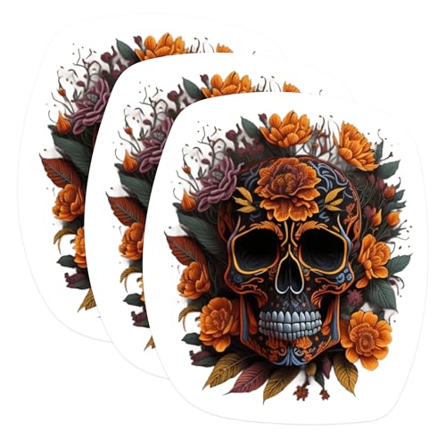 (3 Pack) Floral Skull Decals - Sugar Skull Decor - Day of The Dead Decal - 3 Inches On Longest Side - Easy Peel & Apply - Made in USA - 3MCS1174