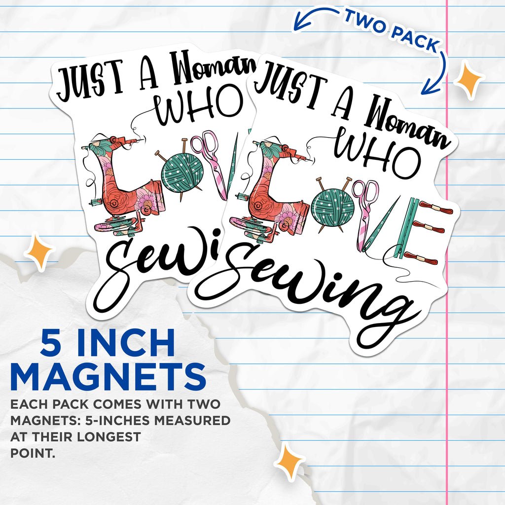 (2 Pack) Woman Who Loves Sewing Magnets - Sewing Machine Art - Quilting Accessories - Seamstress Decor - 5 Inches On Longest Side - Thick Durable Magnet - Made in USA - MAG39540