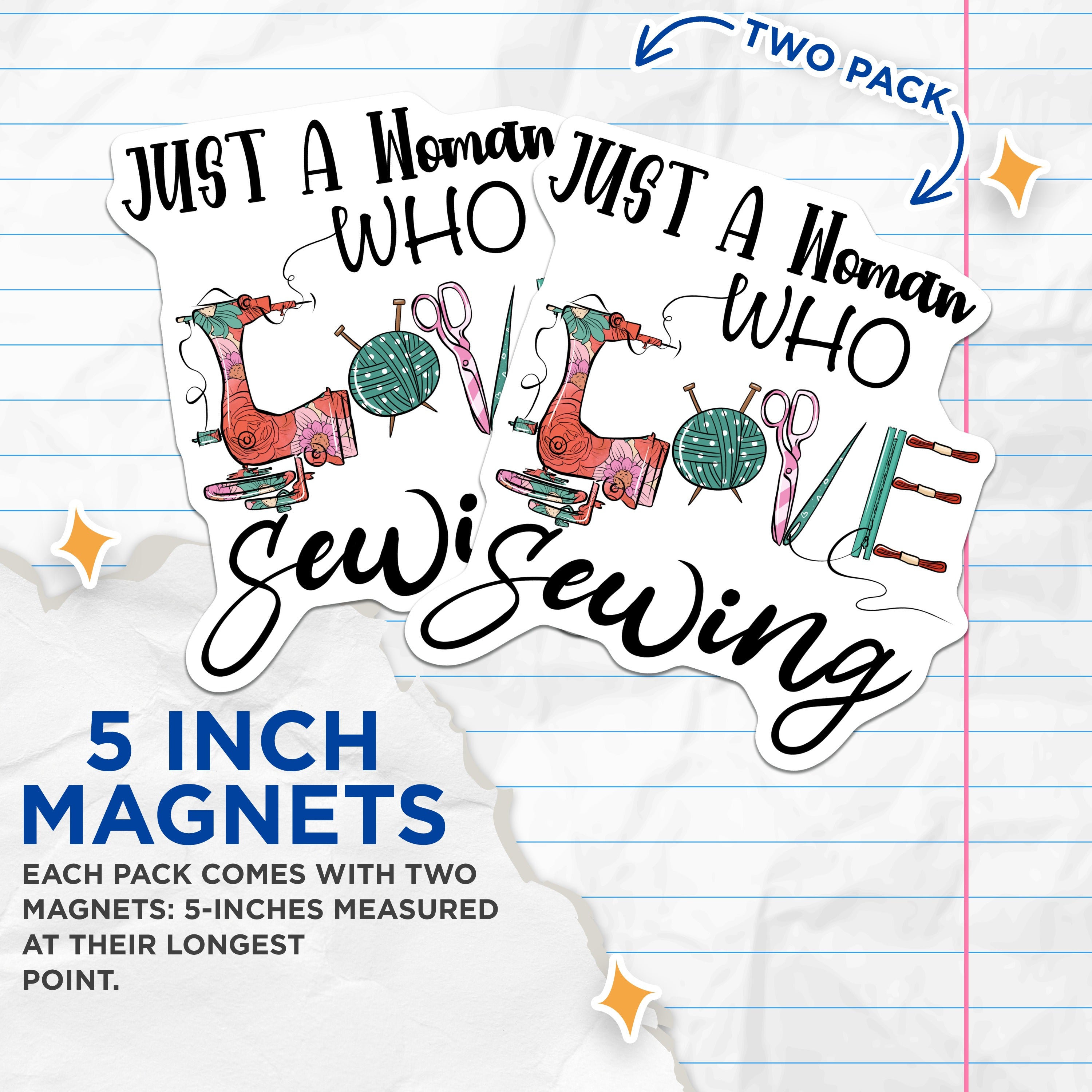 (2 Pack) Woman Who Loves Sewing Magnets - Sewing Machine Art - Quilting Accessories - Seamstress Decor - 5 Inches On Longest Side - Thick Durable Magnet - Made in USA - MAG39540