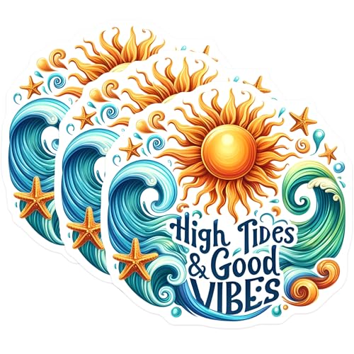 (3 Pack) High Tides Decals - Good Vibes - Beach Decor - 3 Inches On Longest Side - Easy Peel & Apply - Made in USA - 3MCS8034