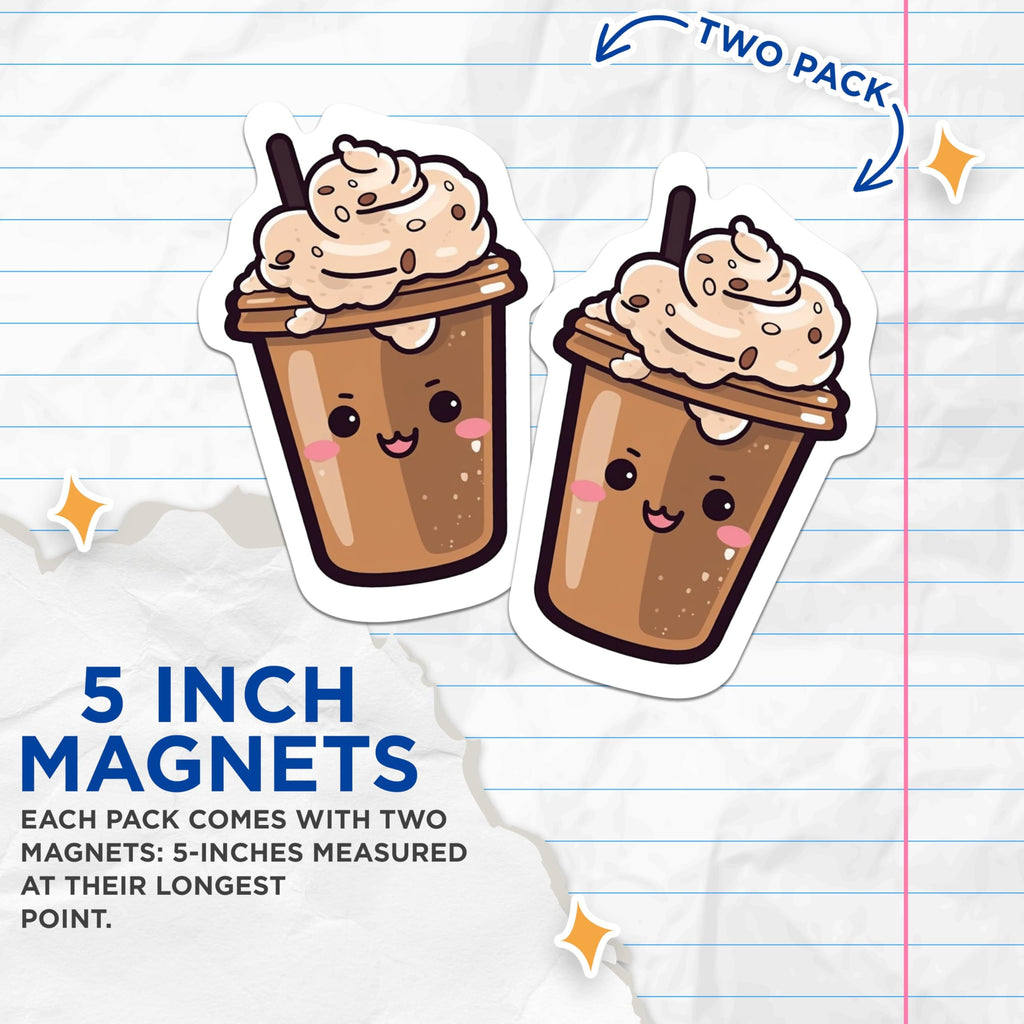 (2 Pack) Kawaii Mocha Magnets - Cartoon Coffee - Fun Coffee Magnets - 5 Inches On Longest Side - Premium Magnet - for Cars, Refrigerators, Toolboxes - Made in USA - MAG2177