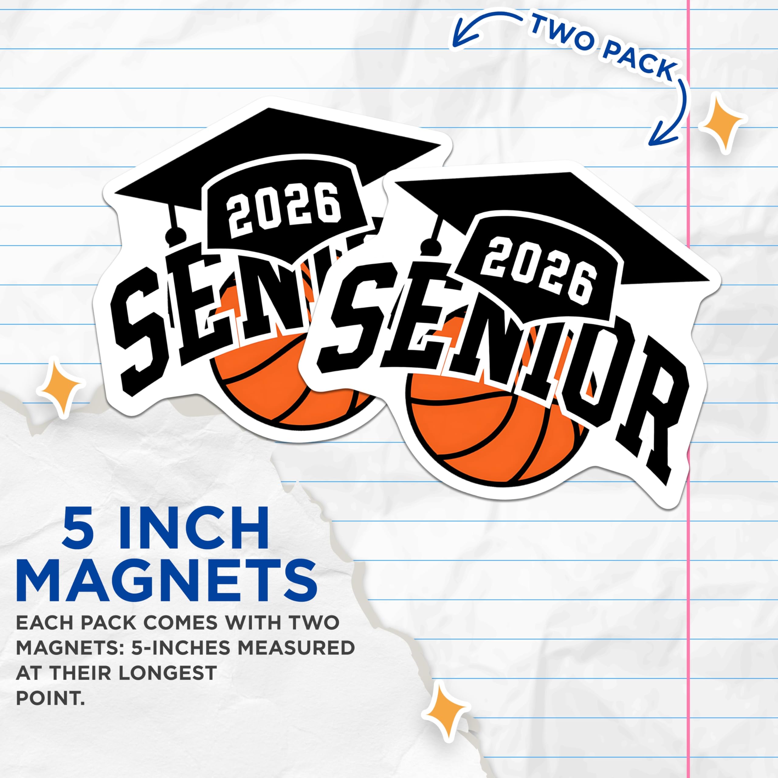 (2 Pack) Senior 2026 Basketball Magnets - Class of 2026 Graduation Student - High School College Athlete Commemorative - 5 Inches On Longest Side - Thick Durable Magnet - Made in USA - MAG23185