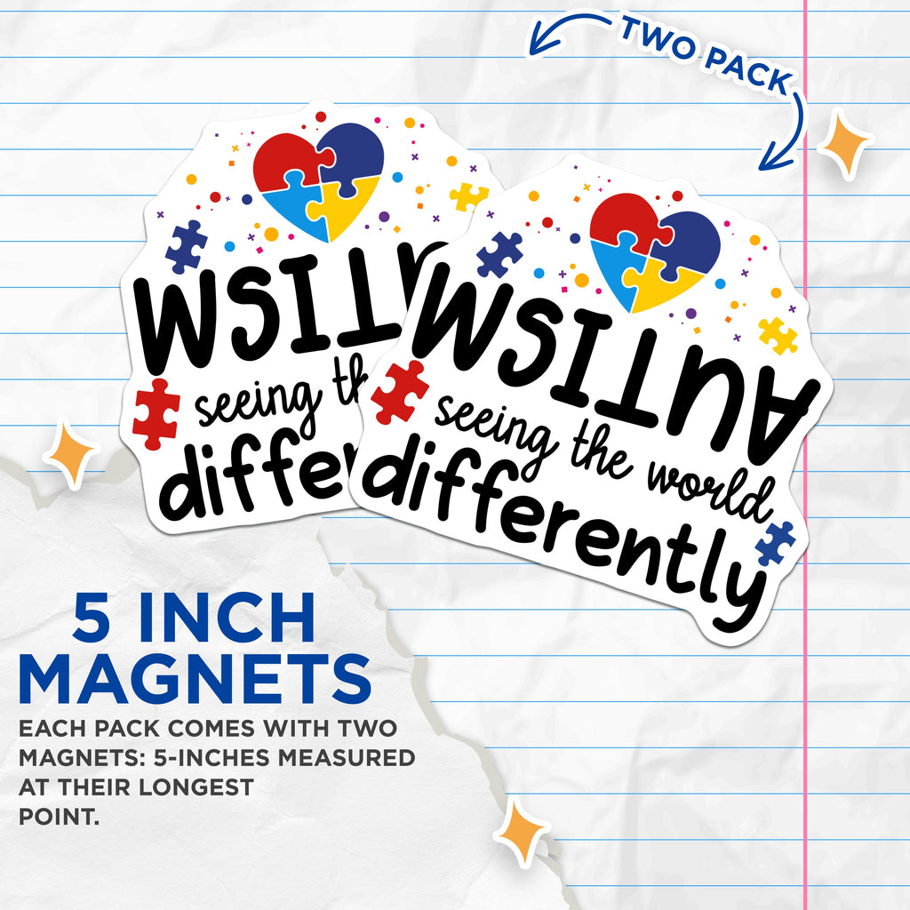 (2 Pack) Autism Awareness Magnets - Neurodiversity Support - See World Differently Puzzle Piece - 5 Inches On Longest Side - Thick Durable Magnet - Made in USA - MAG37236