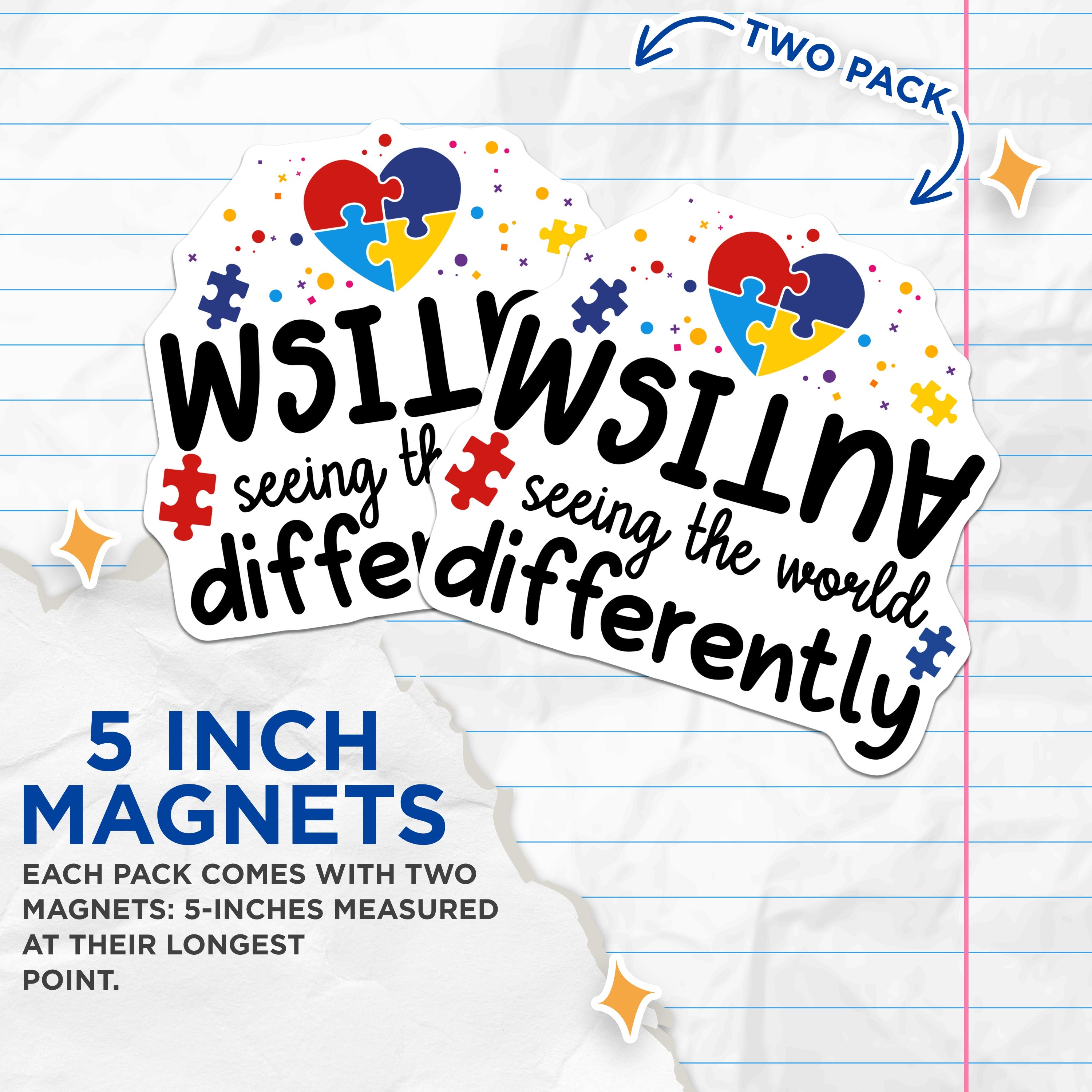 (2 Pack) Autism Awareness Magnets - Neurodiversity Support - See World Differently Puzzle Piece - 5 Inches On Longest Side - Thick Durable Magnet - Made in USA - MAG37236