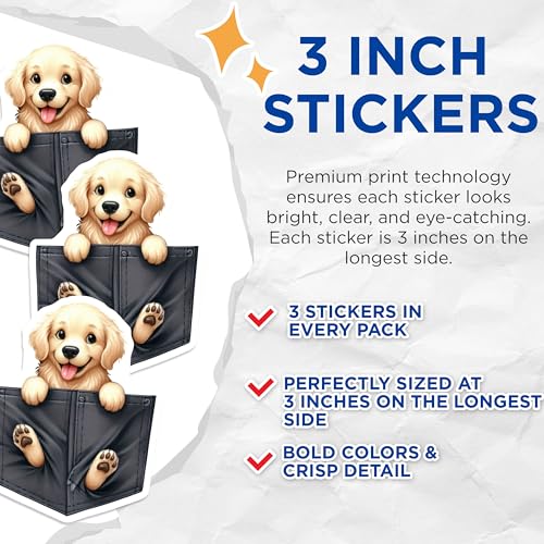 (3 Pack) Golden Retriever Decals - Pocket Dog Stickers - Cute Puppy Laptop Decals - 3 Inches On Longest Side - Easy Peel & Apply - Made in USA - 3MCS2848